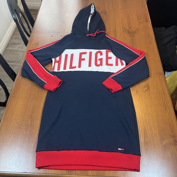 Tommy Hilfiger Hoodie Dress Womens Small Navy Red‎ Spell Out Logo Pullover Long - Picture 1 of 9